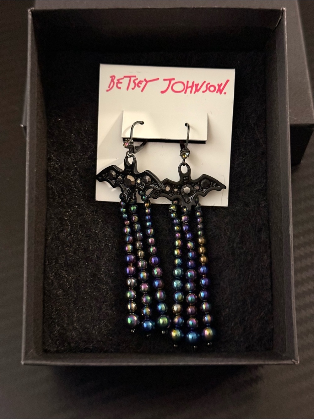 Betsey Johnson Black Bat Dangle Earrings with Iridescent Beads